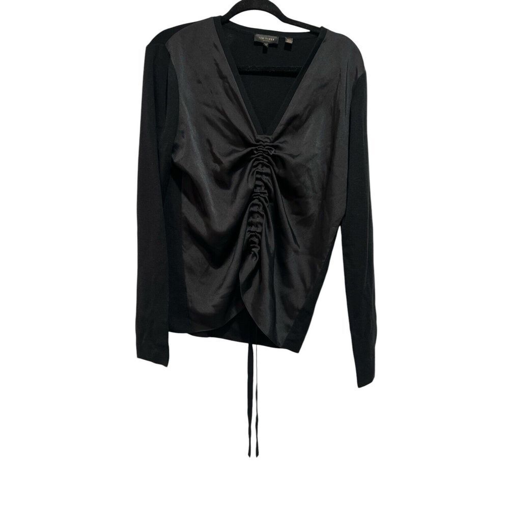 Womens Ted Baker London Black Ruched Top Shirt‎ Wool Blend Stretch Knit Size 4